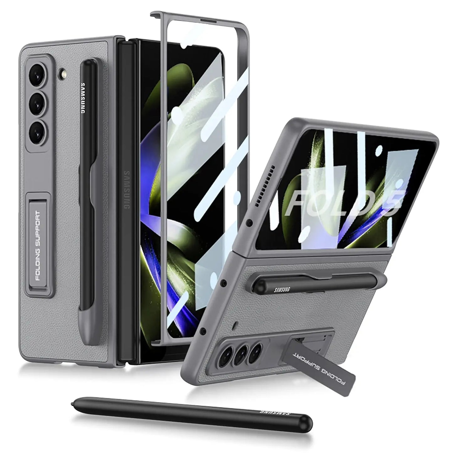 Slim Leather Samsung Galaxy Z Fold 5 Case with Front Screen Tempered Glass Protector & Pen Slot & Stylus - Fold Case