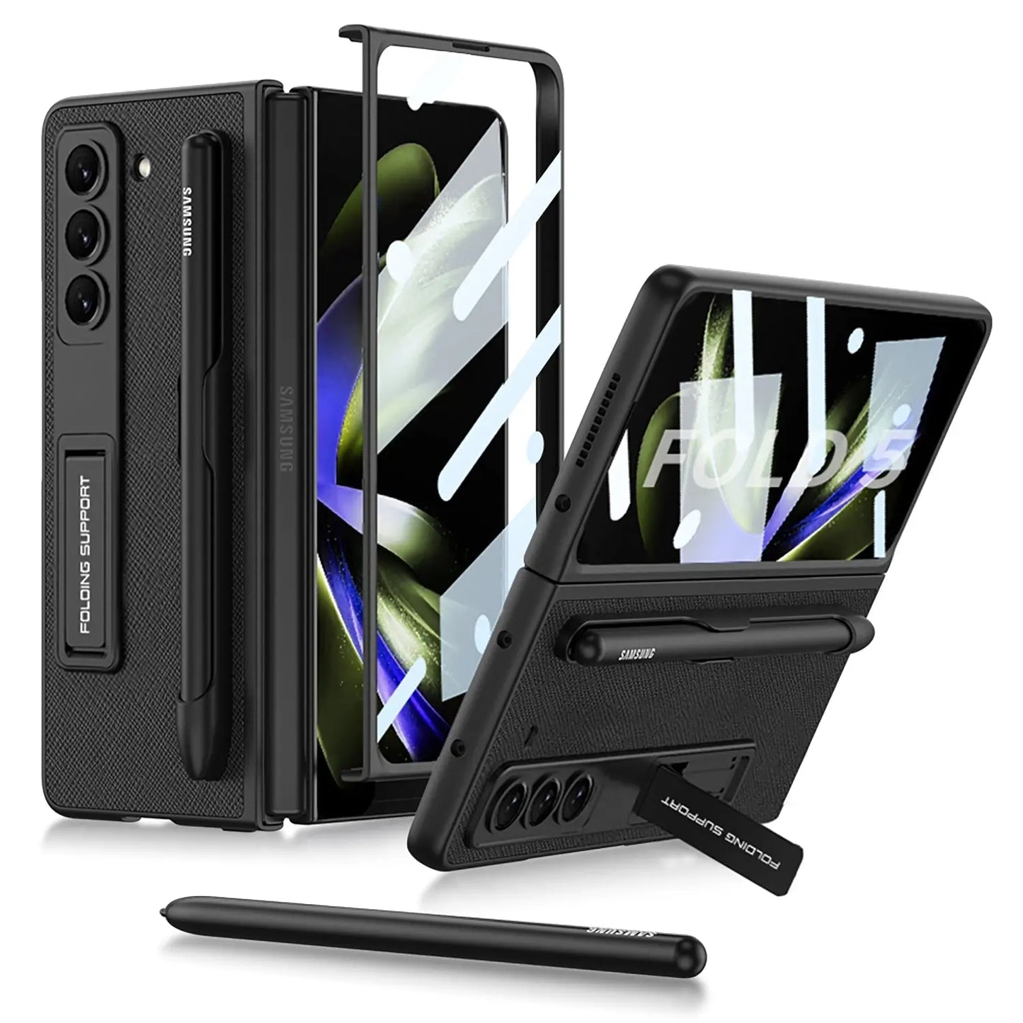 Slim Leather Samsung Galaxy Z Fold 5 Case with Front Screen Tempered Glass Protector & Pen Slot & Stylus - Fold Case