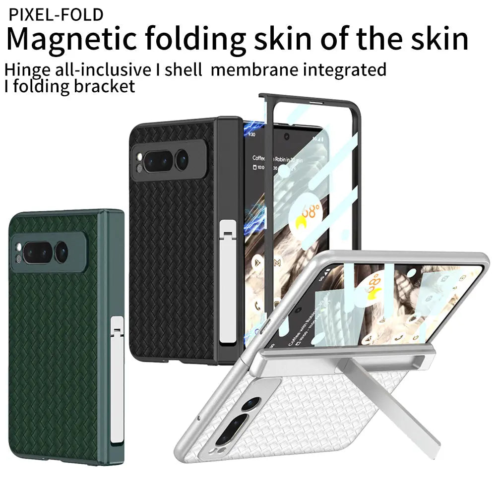 Magnetic All-inclusive Woven Pattern Case With Tempered Film For Google Pixel Fold With Damped Folding Bracket - Fold Case