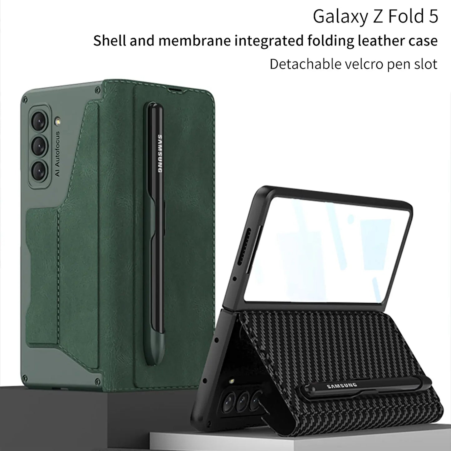 Leather Pen Holder Armor Phone Case With Back Screen Protector For Samsung Galaxy Z Fold5 Fold4 - Fold Case