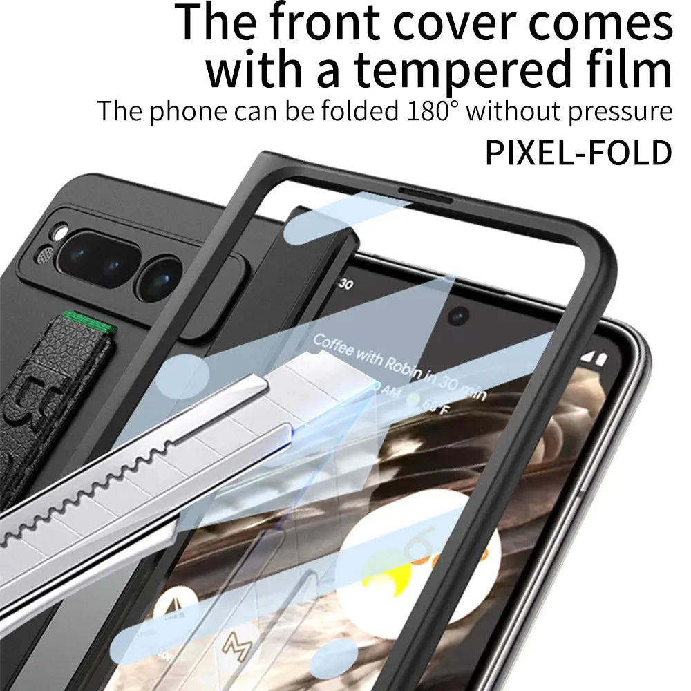 Magnetic Folding All-inclusive Leather Wristband Case With Tempered Film For Google Pixel Fold With Damped Folding Bracket - Fold Case