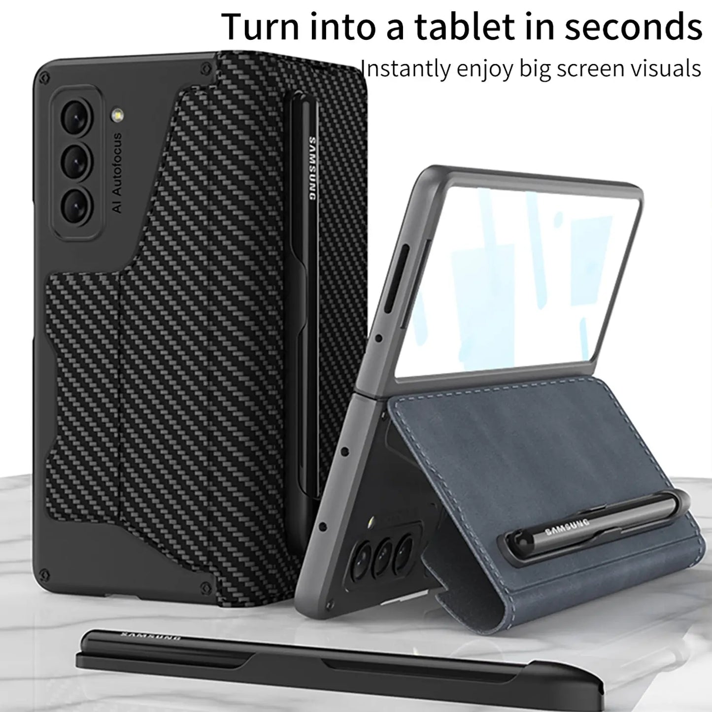 Leather Pen Holder Armor Phone Case With Back Screen Protector For Samsung Galaxy Z Fold5 Fold4 - Fold Case