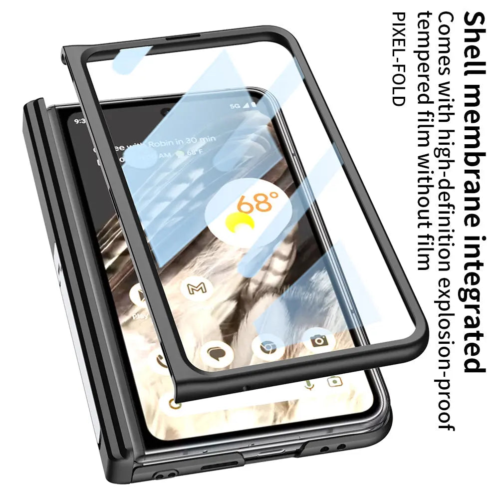Magnetic All-inclusive Woven Pattern Case With Tempered Film For Google Pixel Fold With Damped Folding Bracket - Fold Case