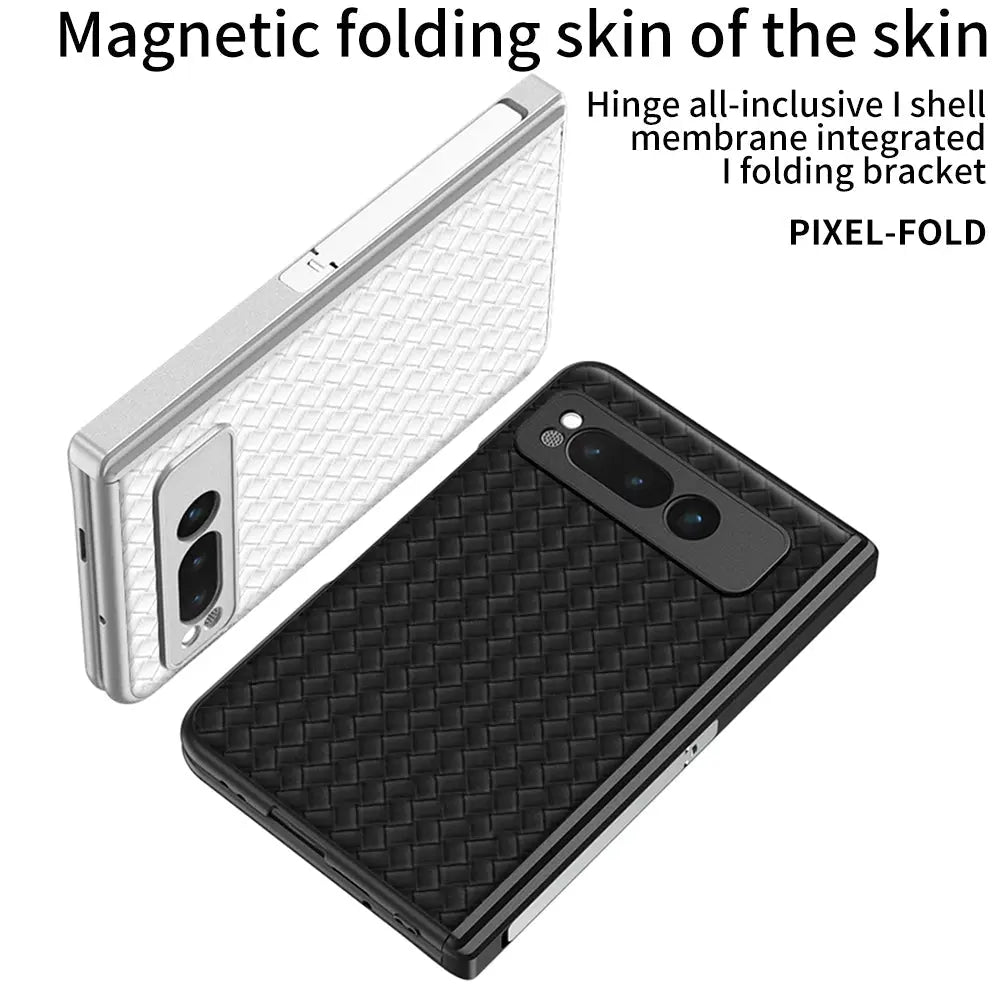Magnetic All-inclusive Woven Pattern Case With Tempered Film For Google Pixel Fold With Damped Folding Bracket - Fold Case
