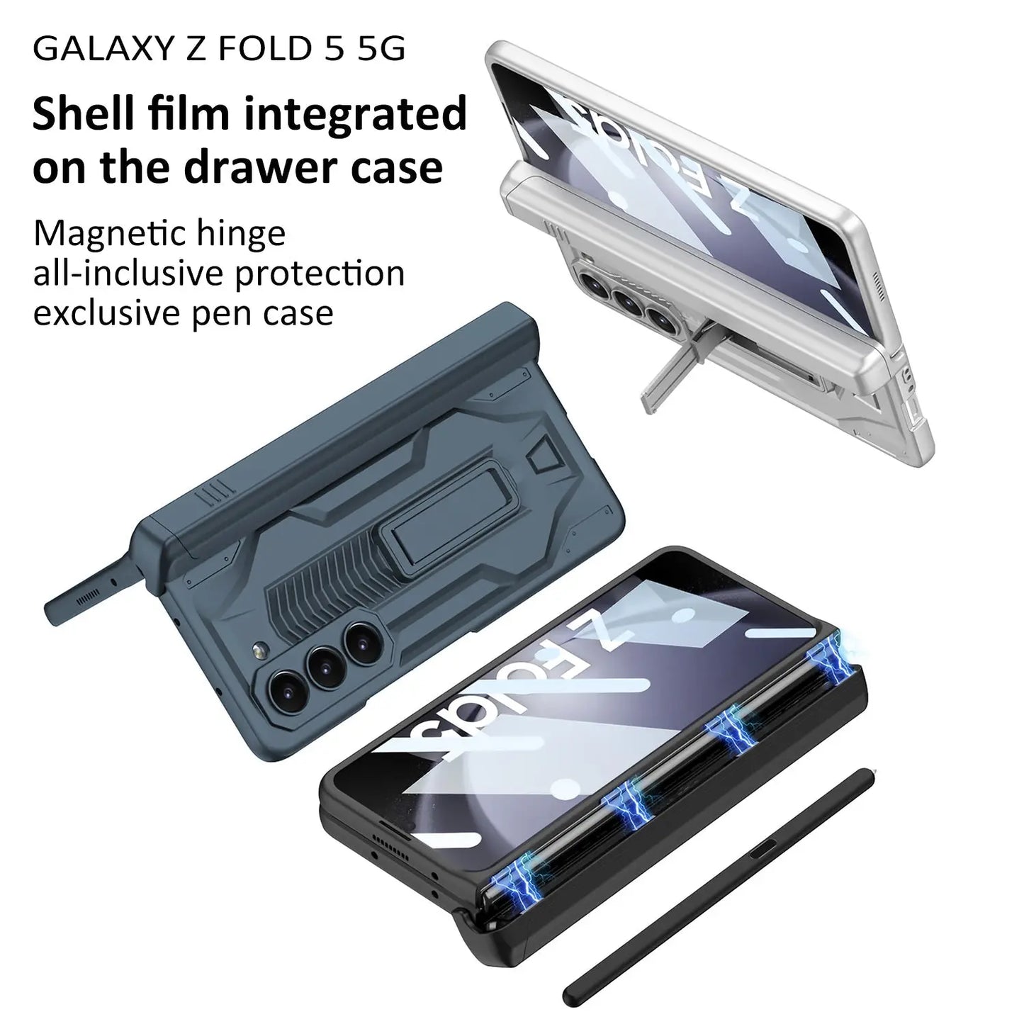 Armor All-included Magnetic Hinge Slide Pen Case Holder Phone Case With Back Screen Protector For Samsung Galaxy Z Fold3 Fold4 Fold5 - Fold Case
