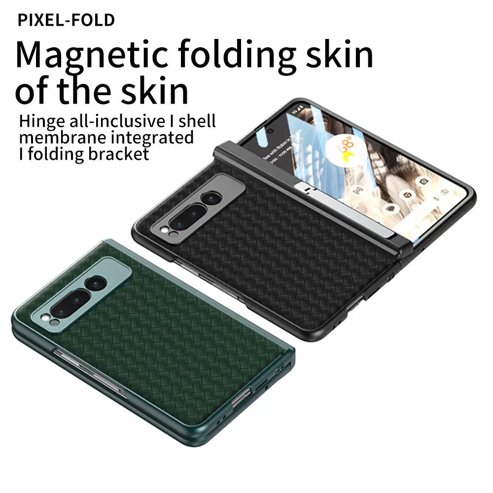 Magnetic All-inclusive Woven Pattern Case With Tempered Film For Google Pixel Fold With Damped Folding Bracket - Fold Case