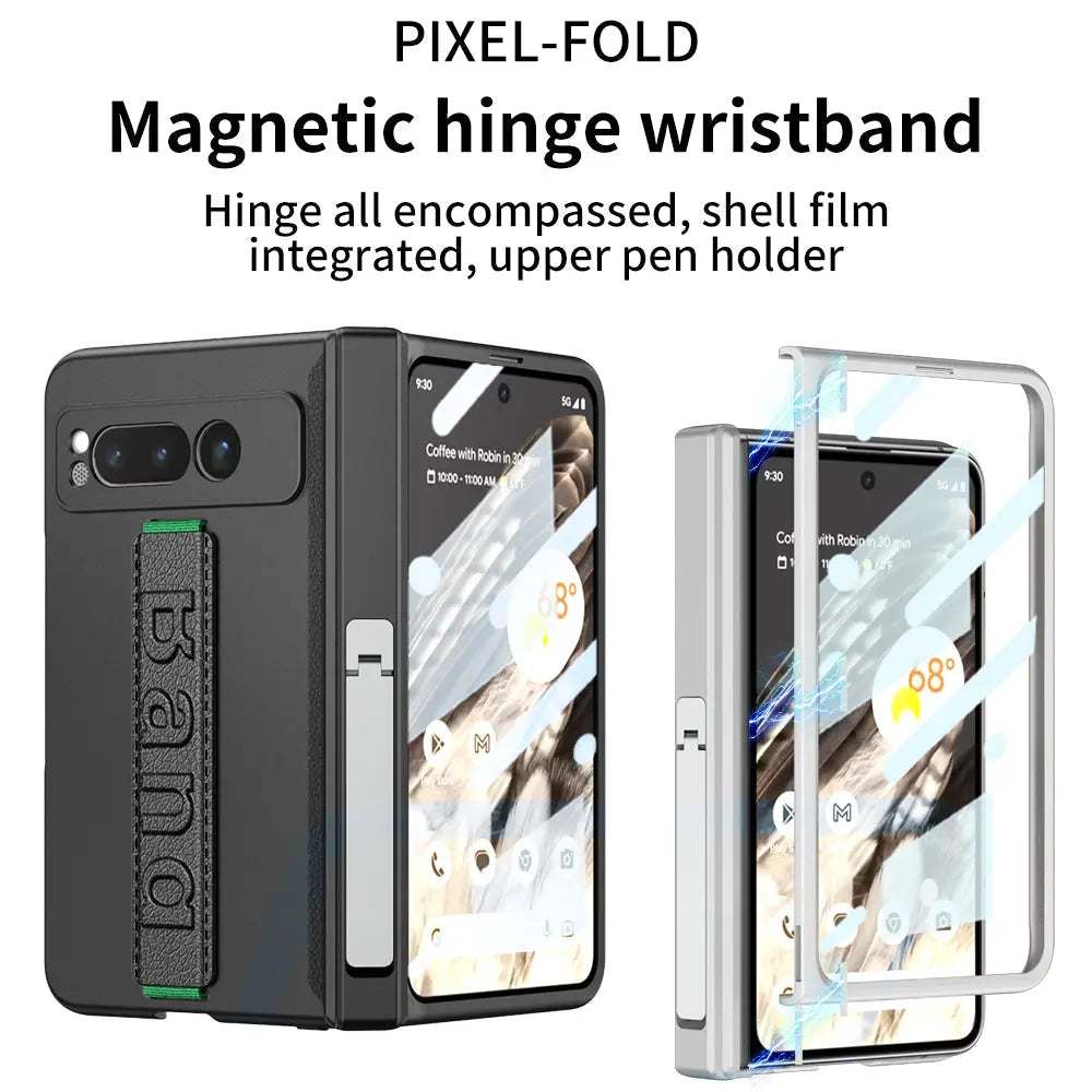 Magnetic Folding All-inclusive Leather Wristband Case With Tempered Film For Google Pixel Fold With Damped Folding Bracket - Fold Case