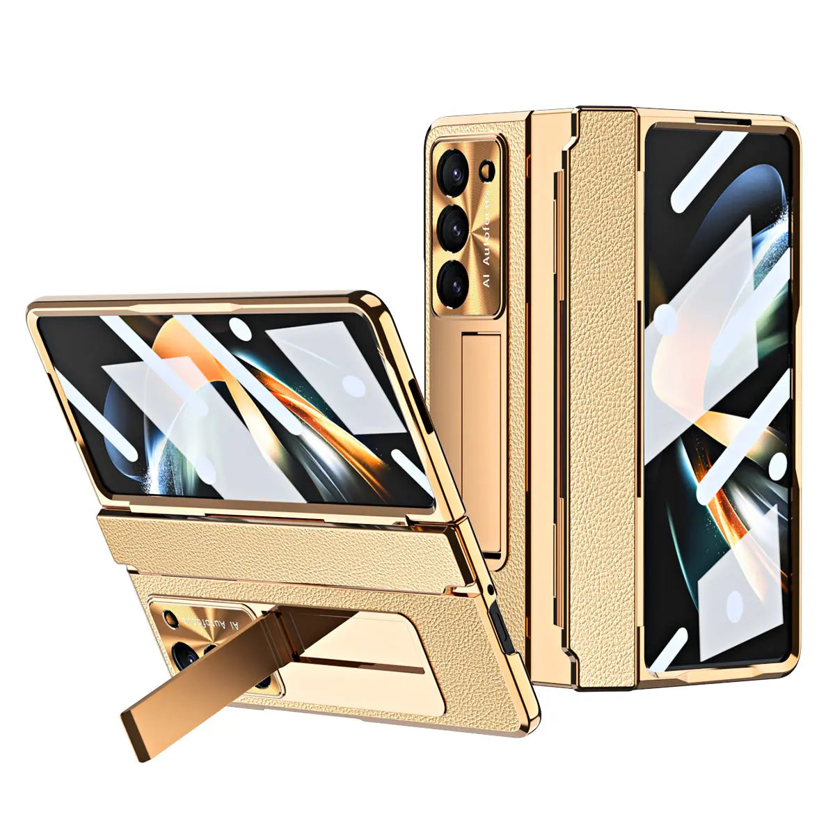 Luxury Leather Magnetic Bracket Shell Electroplated Phone Case For Samsung Galaxy Z Fold3/4/5 With Back Screen Glass - Fold Case