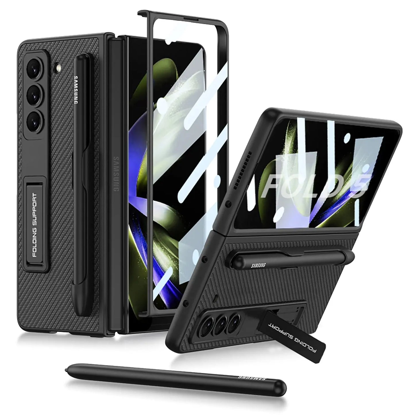 Slim Leather Samsung Galaxy Z Fold 5 Case with Front Screen Tempered Glass Protector & Pen Slot & Stylus - Fold Case