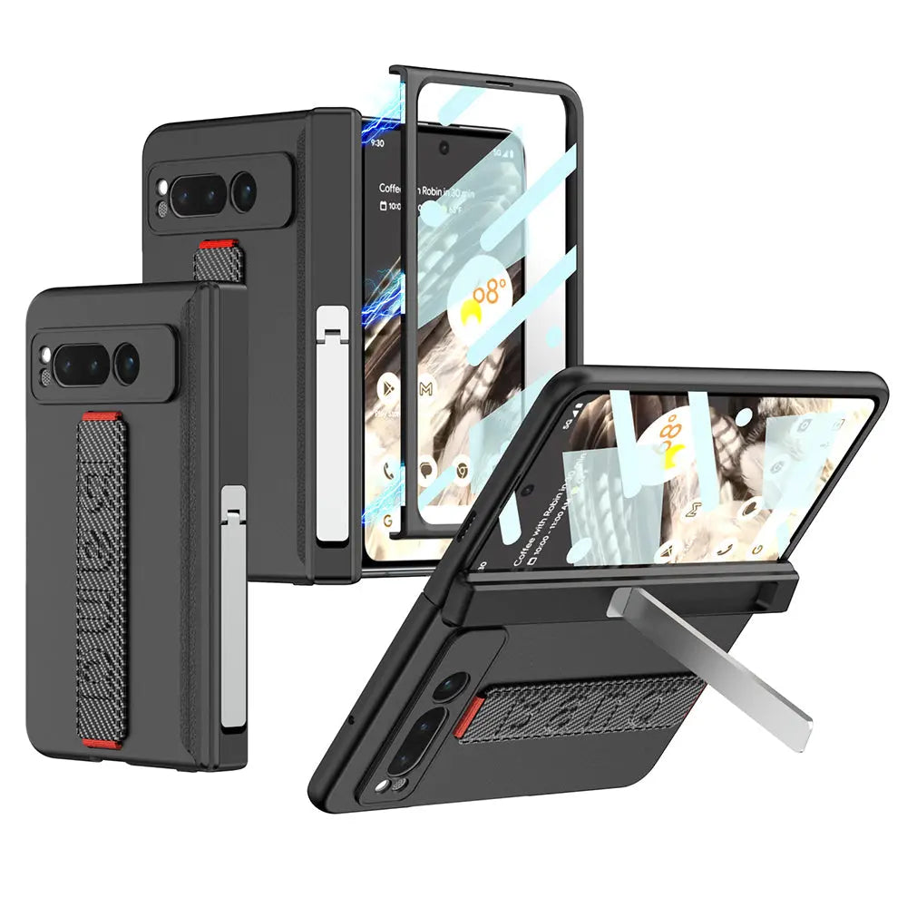 Magnetic Folding All-inclusive Leather Wristband Case With Tempered Film For Google Pixel Fold With Damped Folding Bracket - Fold Case