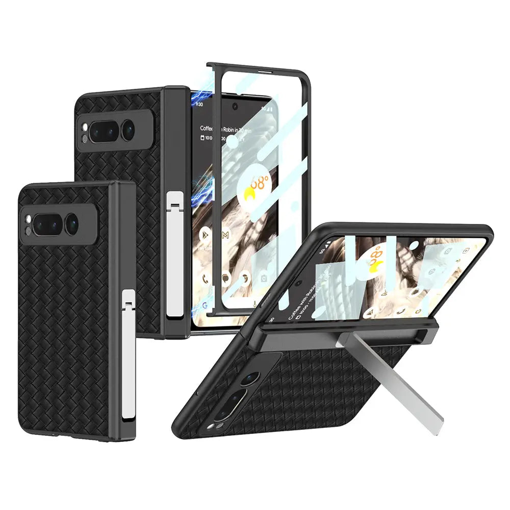 Magnetic All-inclusive Woven Pattern Case With Tempered Film For Google Pixel Fold With Damped Folding Bracket - Fold Case