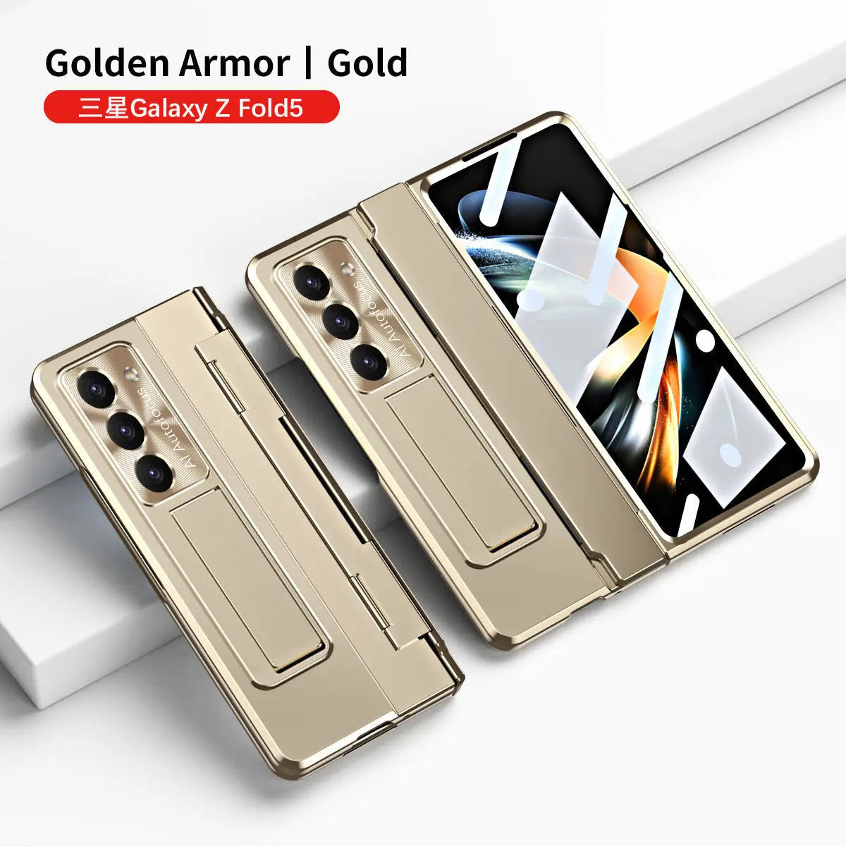 Plated Galaxy Z Fold5 Fold4 Fold3 Case with Front Screen Protector & Flat Hinge Protection & Hidden Stand - Fold Case