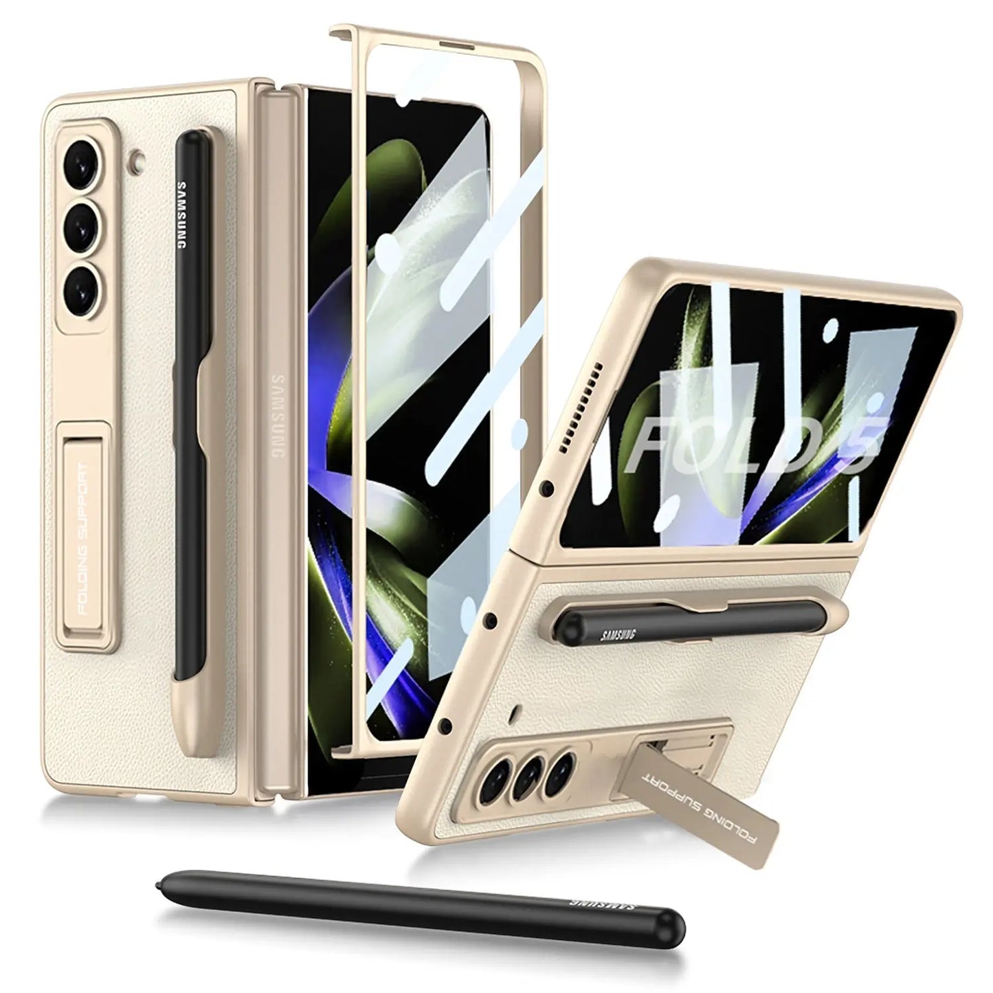 Slim Leather Samsung Galaxy Z Fold 5 Case with Front Screen Tempered Glass Protector & Pen Slot & Stylus - Fold Case