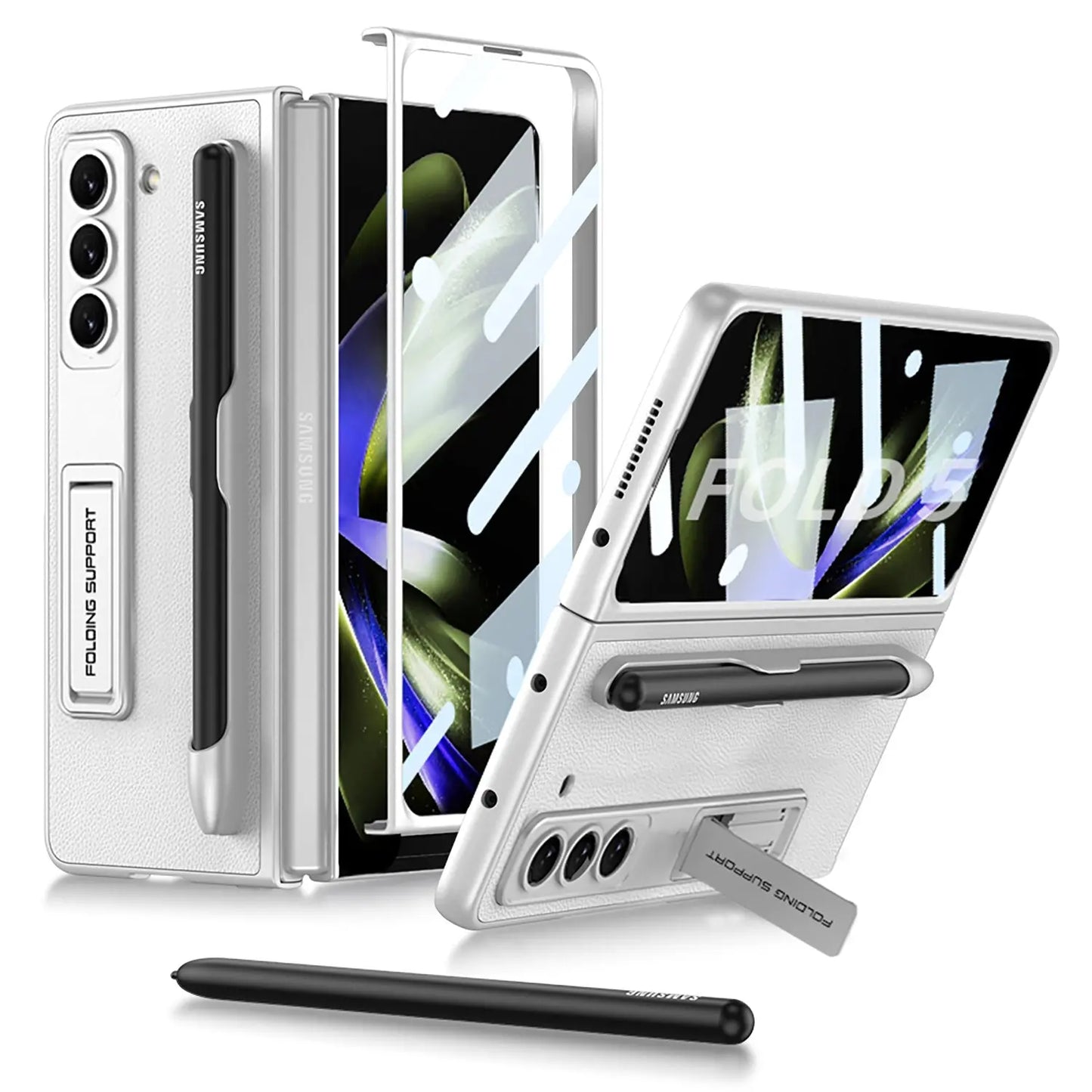 Slim Leather Samsung Galaxy Z Fold 5 Case with Front Screen Tempered Glass Protector & Pen Slot & Stylus - Fold Case