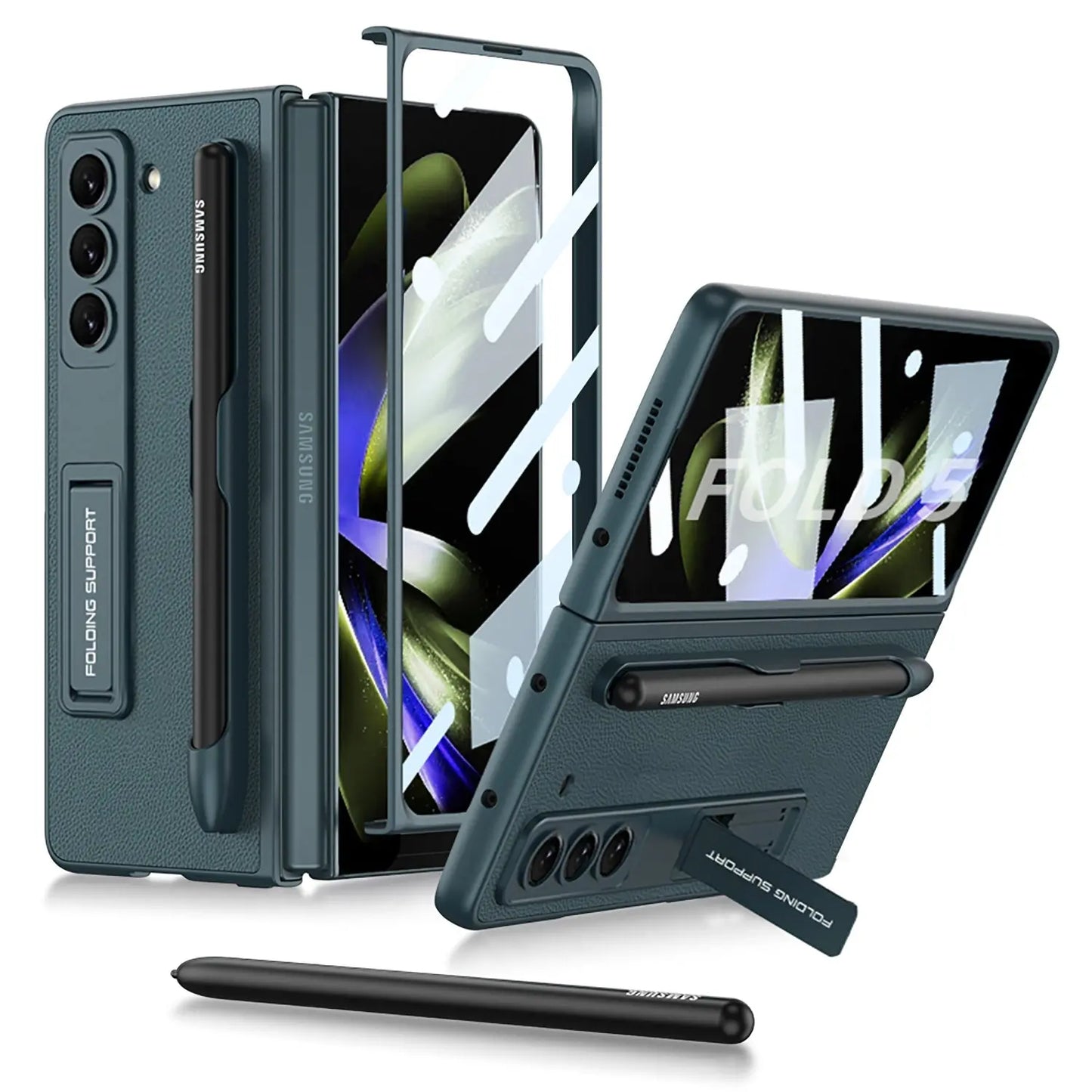 Slim Leather Samsung Galaxy Z Fold 5 Case with Front Screen Tempered Glass Protector & Pen Slot & Stylus - Fold Case