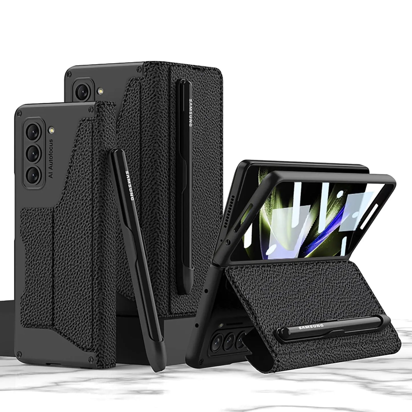Leather Pen Holder Armor Phone Case With Back Screen Protector For Samsung Galaxy Z Fold5 Fold4 - Fold Case