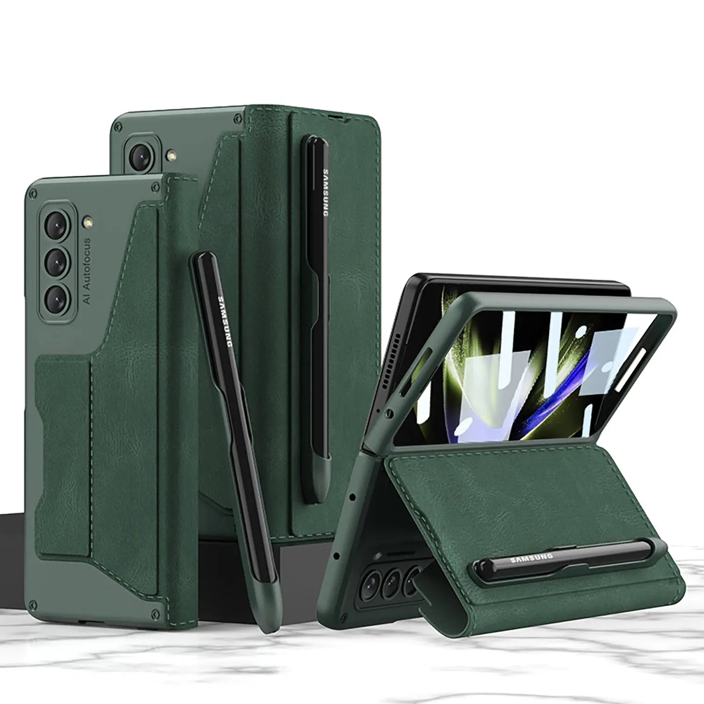 Leather Pen Holder Armor Phone Case With Back Screen Protector For Samsung Galaxy Z Fold5 Fold4 - Fold Case