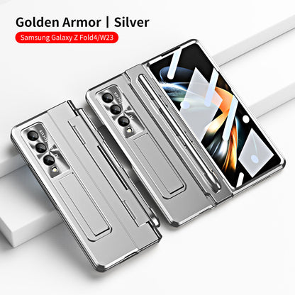 Golden Armor Hinge Magnetic Bracket Protective Phone Case With Front Protection Film For Samsung Galaxy Z Fold5 Fold4 Fold3