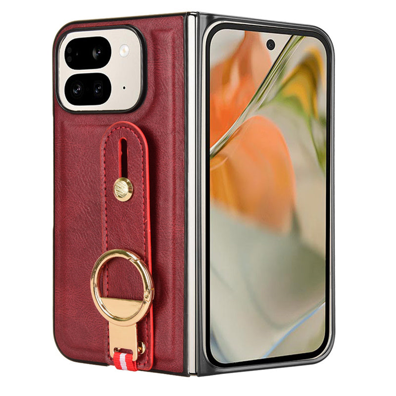 Luxury Wristband Leather Stand Case for Google Pixel 9 Pro Fold - Foldable Cover with Ring Opener Hook