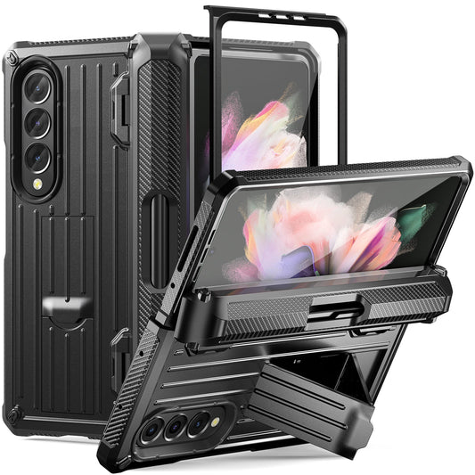 Mecha All-Inclusive Sturdy Invisible Bracket Pen Box Phone Case For Samsung Galaxy Z Fold5 Fold4 Fold3 With Back Screen Protector