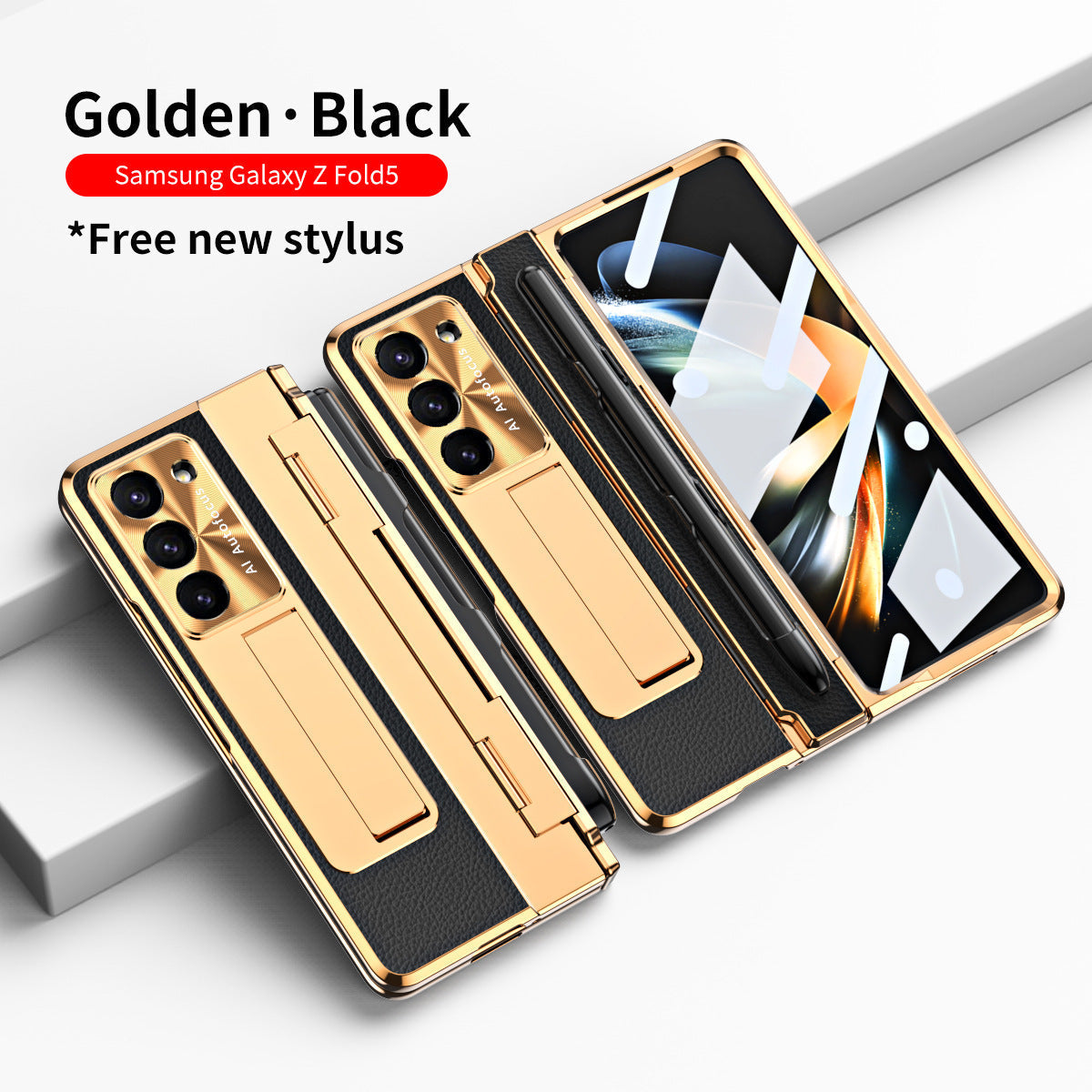 Plating Galaxy Z Fold5 Leather Case with Front Screen Protector & Flat Hinge & Pen Slot With Stylus