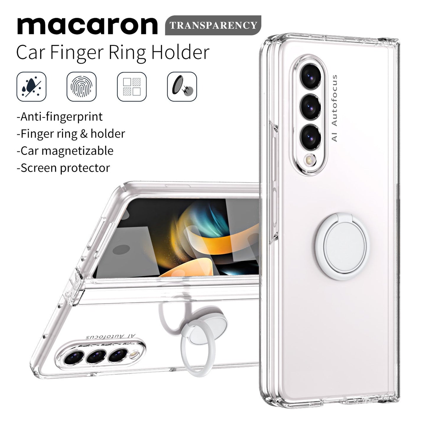 Anti-fall Protective Phone Case With Car Magnetizable Ring Holder And Film For Samsung Galaxy Z Fold5 Fold4 Fold3
