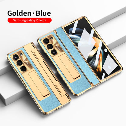 Plating Leather Galaxy Z Fold5 Fold4 Fold3 Case with Front Screen Protector & Flat Hinge Protection & Hidden Stand