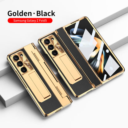 Plating Leather Galaxy Z Fold5 Fold4 Fold3 Case with Front Screen Protector & Flat Hinge Protection & Hidden Stand