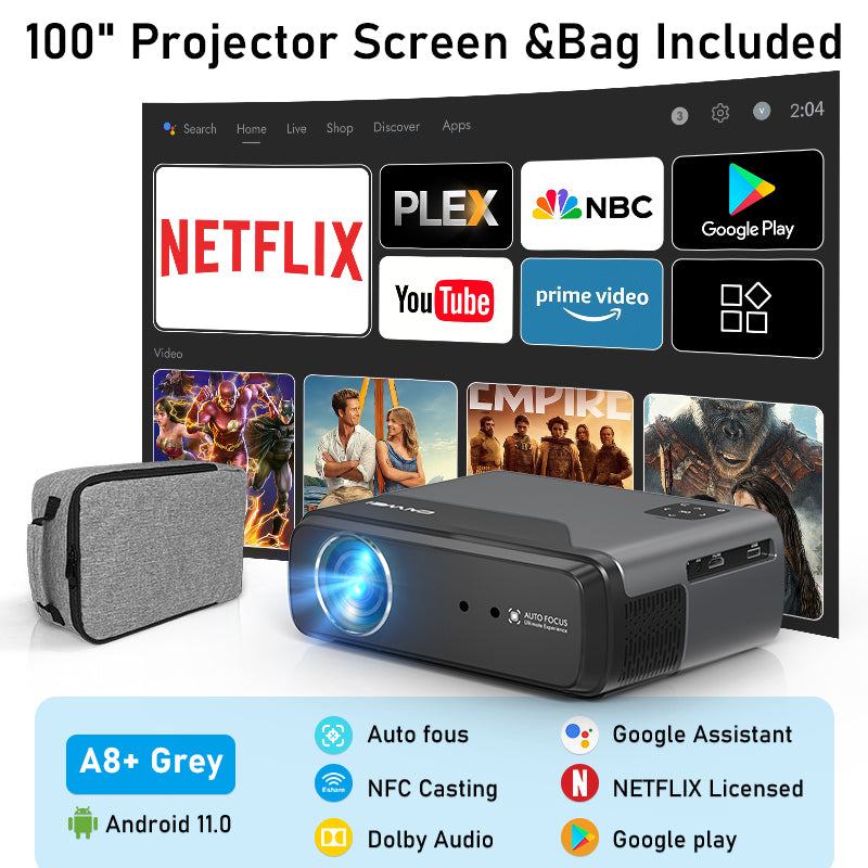 Portable 4K HD Android 11.0 Projector – WiFi, Bluetooth, and Screen for Home Theater