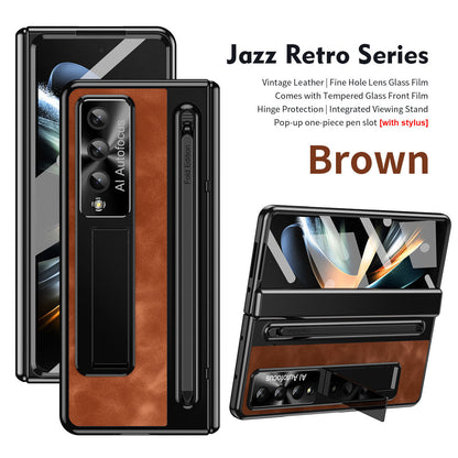 Jazz Retro Style Anti-fall Protective Leather Phone Case For Galaxy Fold 6 With Front Protection Film And Stylus