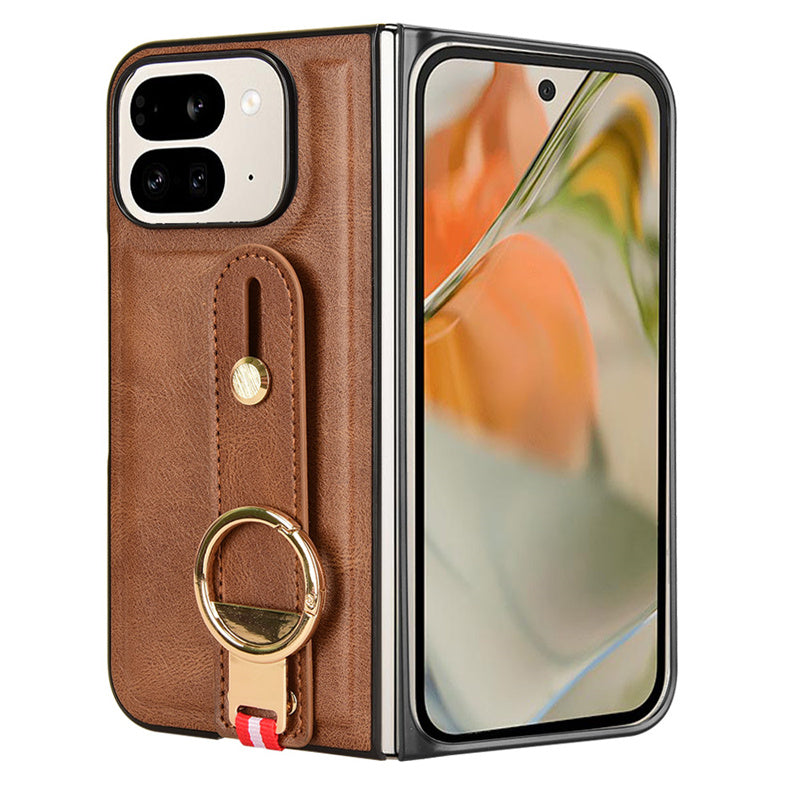 Luxury Wristband Leather Stand Case for Google Pixel 9 Pro Fold - Foldable Cover with Ring Opener Hook