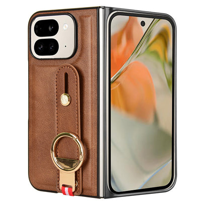 Luxury Wristband Leather Stand Case for Google Pixel 9 Pro Fold - Foldable Cover with Ring Opener Hook